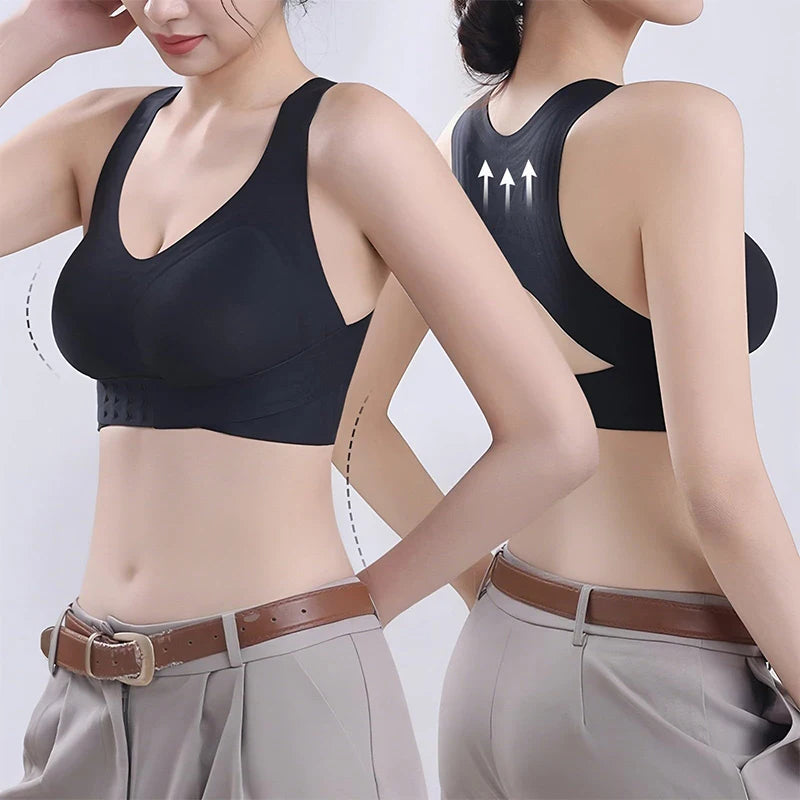 Women Seamless Cross Back Posture Corrector Bra Wireless Full Coverage Support Bra Front Closure Push Up Anti Sag Bralett