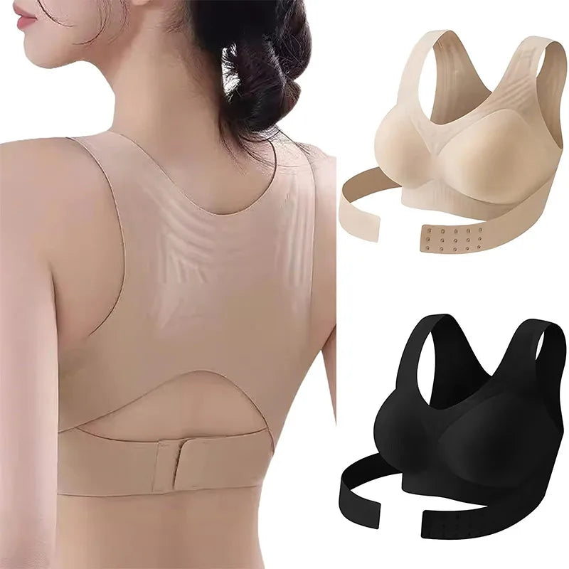 Women Seamless Cross Back Posture Corrector Bra Wireless Full Coverage Support Bra Front Closure Push Up Anti Sag Bralett