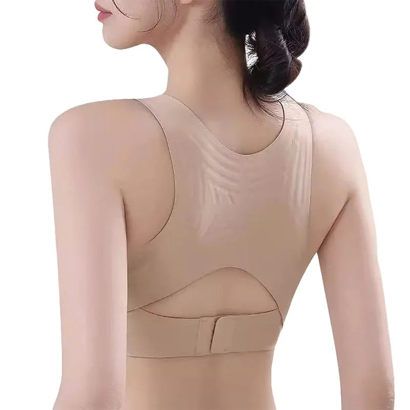 Women Seamless Cross Back Posture Corrector Bra Wireless Full Coverage Support Bra Front Closure Push Up Anti Sag Bralett