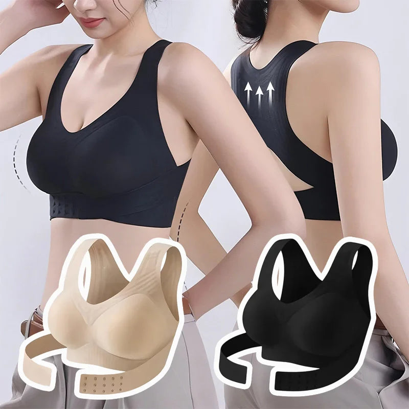 Women Seamless Cross Back Posture Corrector Bra Wireless Full Coverage Support Bra Front Closure Push Up Anti Sag Bralett