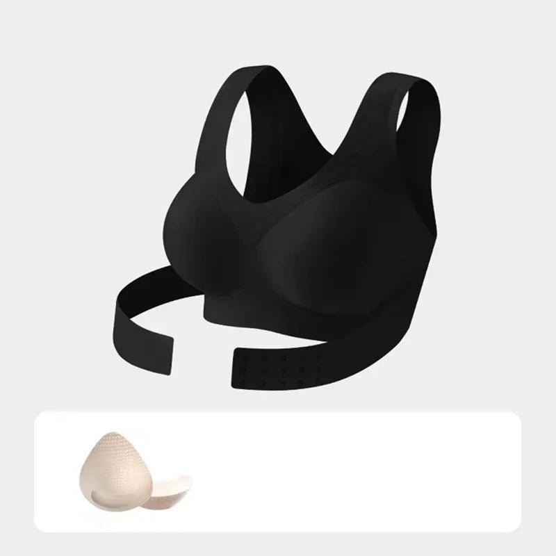 Women Seamless Cross Back Posture Corrector Bra Wireless Full Coverage Support Bra Front Closure Push Up Anti Sag Bralett